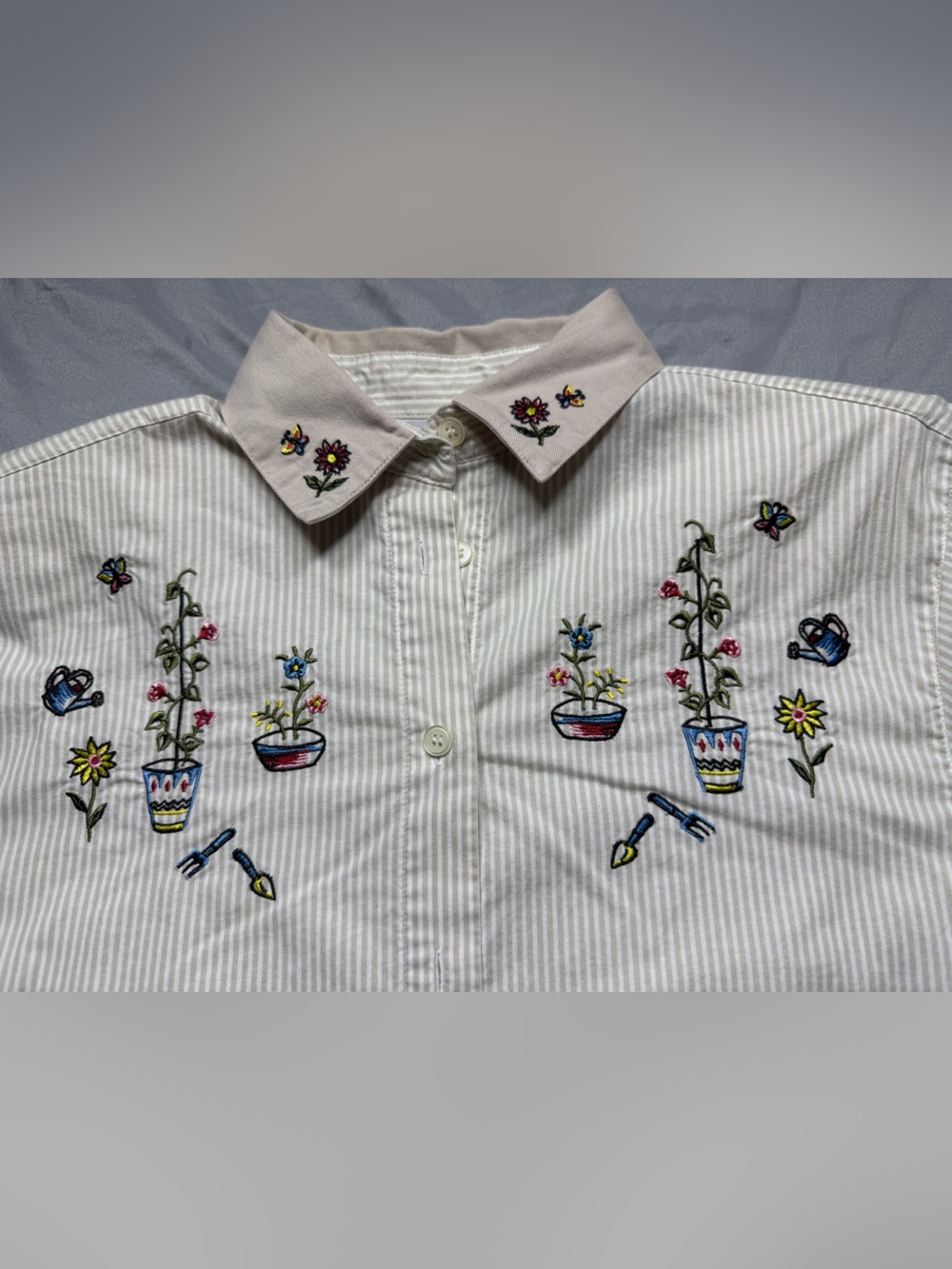 90s Cottagecore Beige Strped Gardening Embroidered Blouse VTG Size M Grandmacore